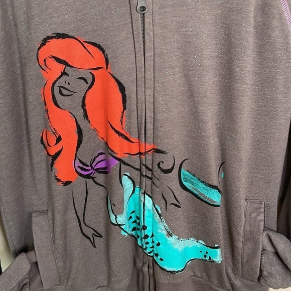DISNEY STORE Ariel Graphic Gray M Full Zipper Hooded Sweatshirt with Pockets - Picture 2 of 7